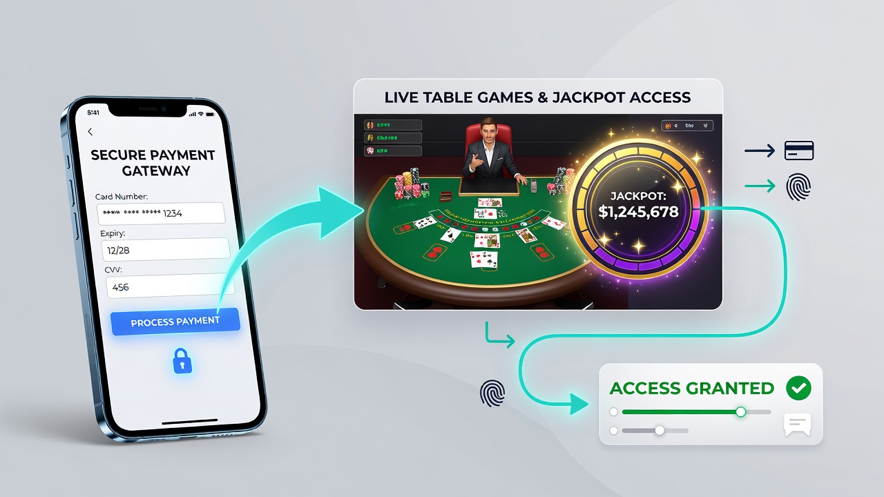 Secure mobile jackpot interface with payment processing and regulatory compliance indicators